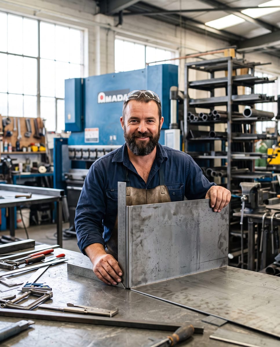 Mann mit dunklem Bart in einem Metallbau-Betrieb, prüft mit einem Winkel die Kante eines Stahlblechs.