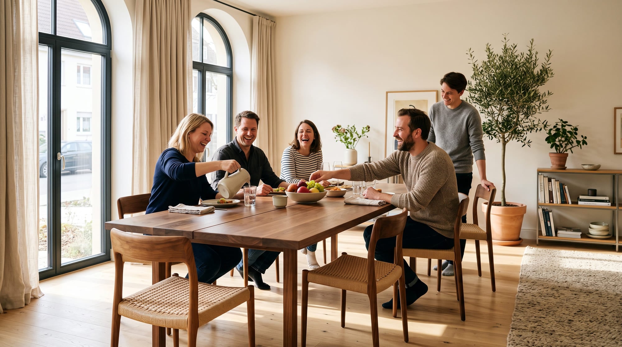 Offener Wohn- und Essbereich in einem hellen Altbau, fünf Menschen decken lachend einen langen Holztisch.