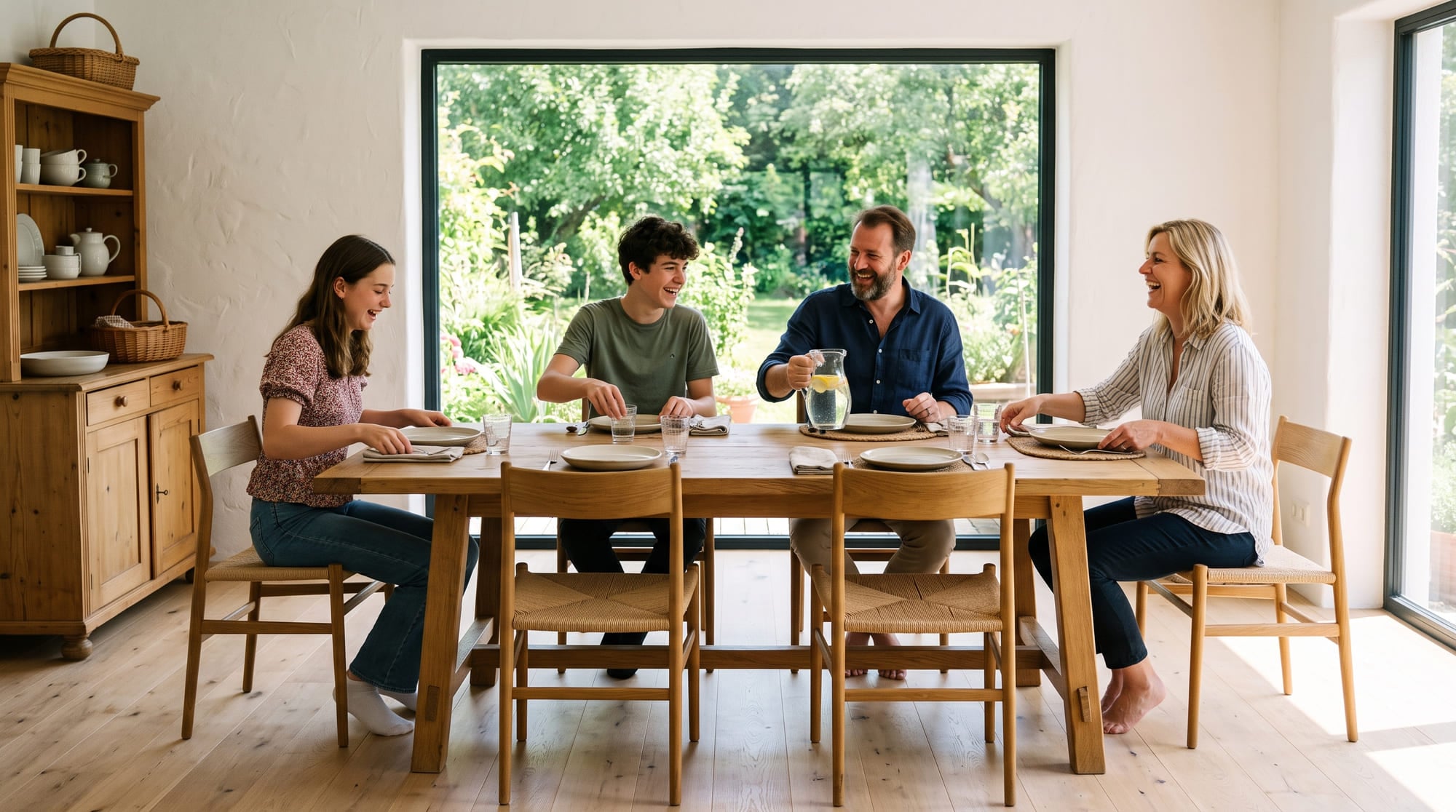 Helles Esszimmer mit langem Massivholztisch, vier Personen decken lachend den Tisch, durch die Fenstertür fällt Nachmittagssonne.