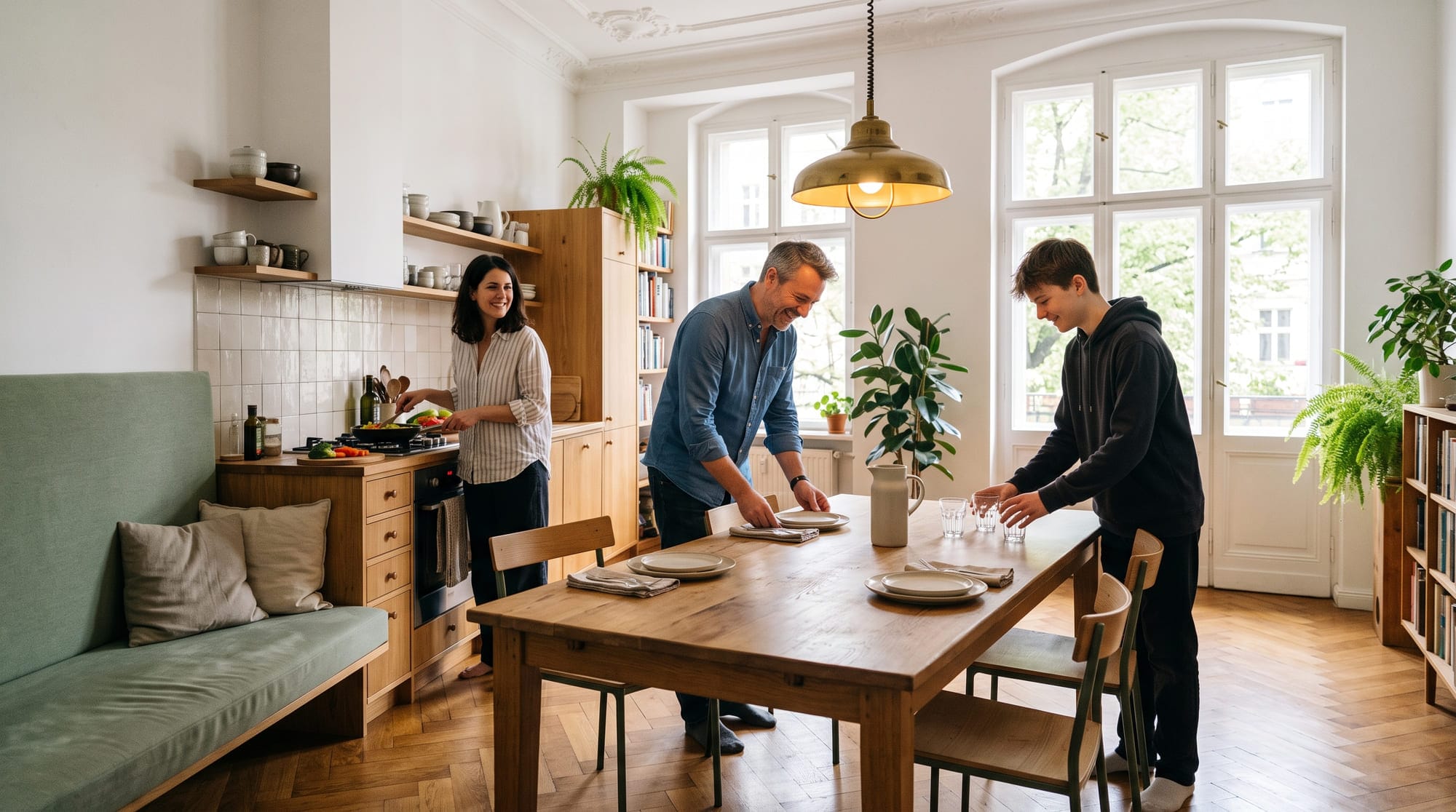 Altbauwohnung mit hohen Decken und Fischgrätparkett, eine Familie deckt gemeinsam den Esstisch.