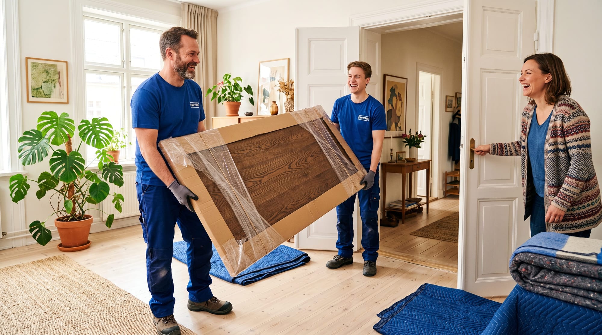 Zwei Handwerker tragen eine in Decken gewickelte Tischplatte durch eine offene Wohnungstür, die Kundin hält die Tür auf.