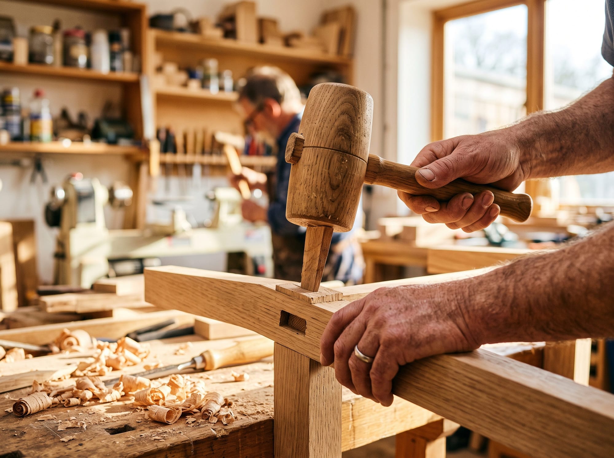 Hände treiben mit einem Klüpfel einen Holzkeil in eine durchgestemmte Zapfenverbindung, Späne auf der Werkbank.