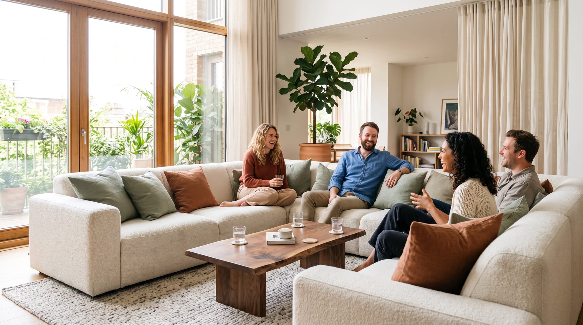 Sofa in einem eingerichteten Raum, umgeben von Menschen im Gespräch.