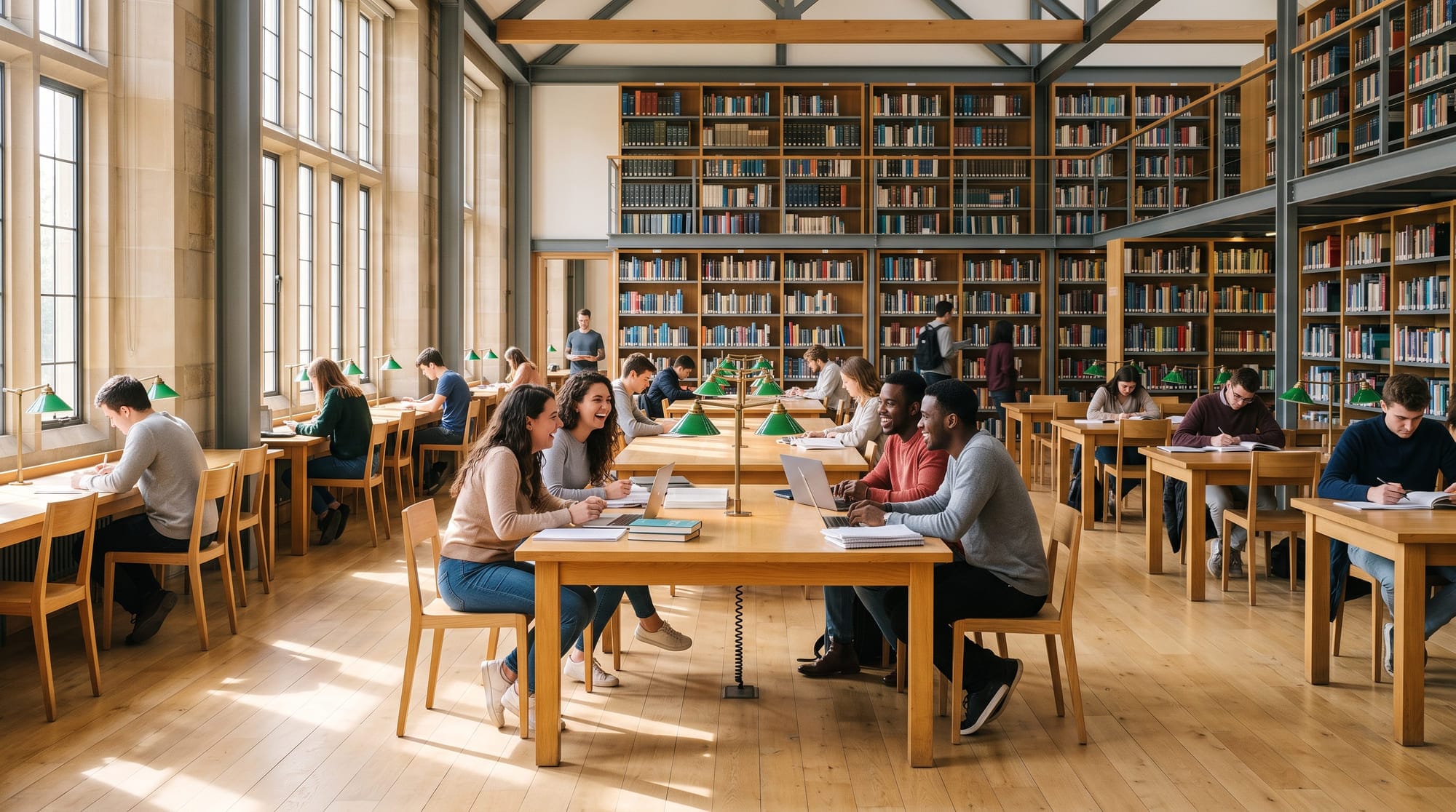 Lesesaal einer Bibliothek mit hohen Fenstern, langen Regalwänden aus Stahl und Holz und Studierenden an Lesetischen.