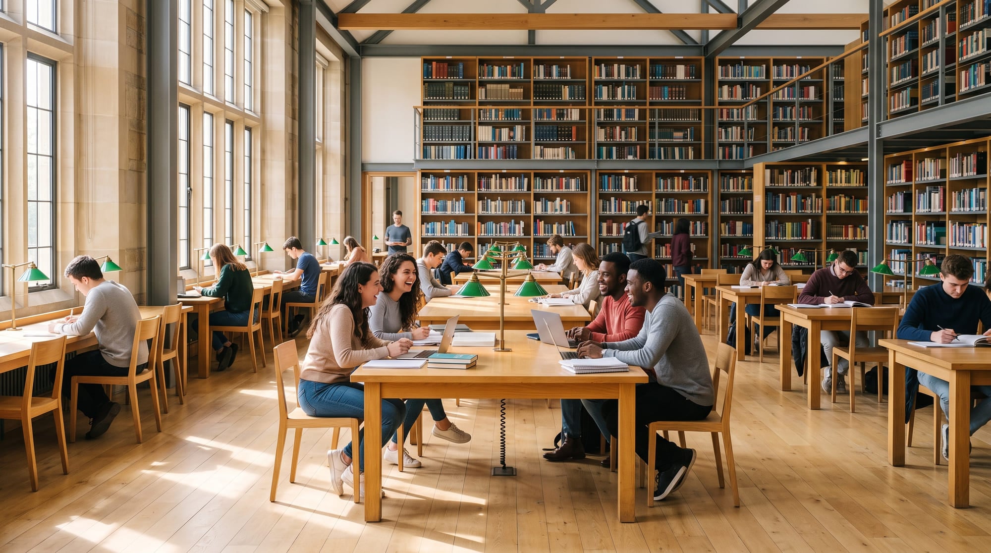 Lesesaal einer Bibliothek mit hohen Fenstern, langen Regalwänden aus Stahl und Holz und Studierenden an Lesetischen.