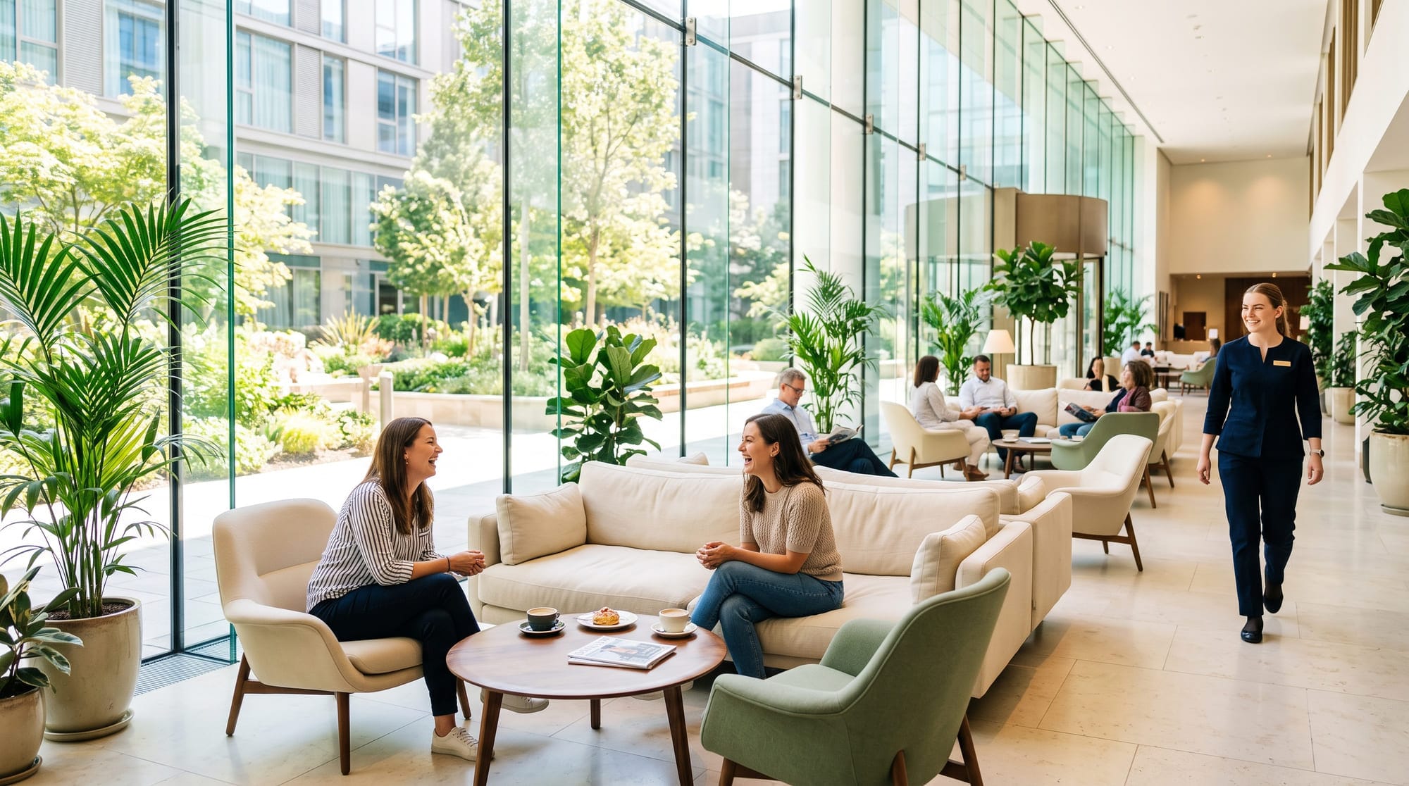Helle Hotellobby mit Glasfront, Polstersesseln in Creme und Salbeigrün und Gästen, die sich unterhalten.