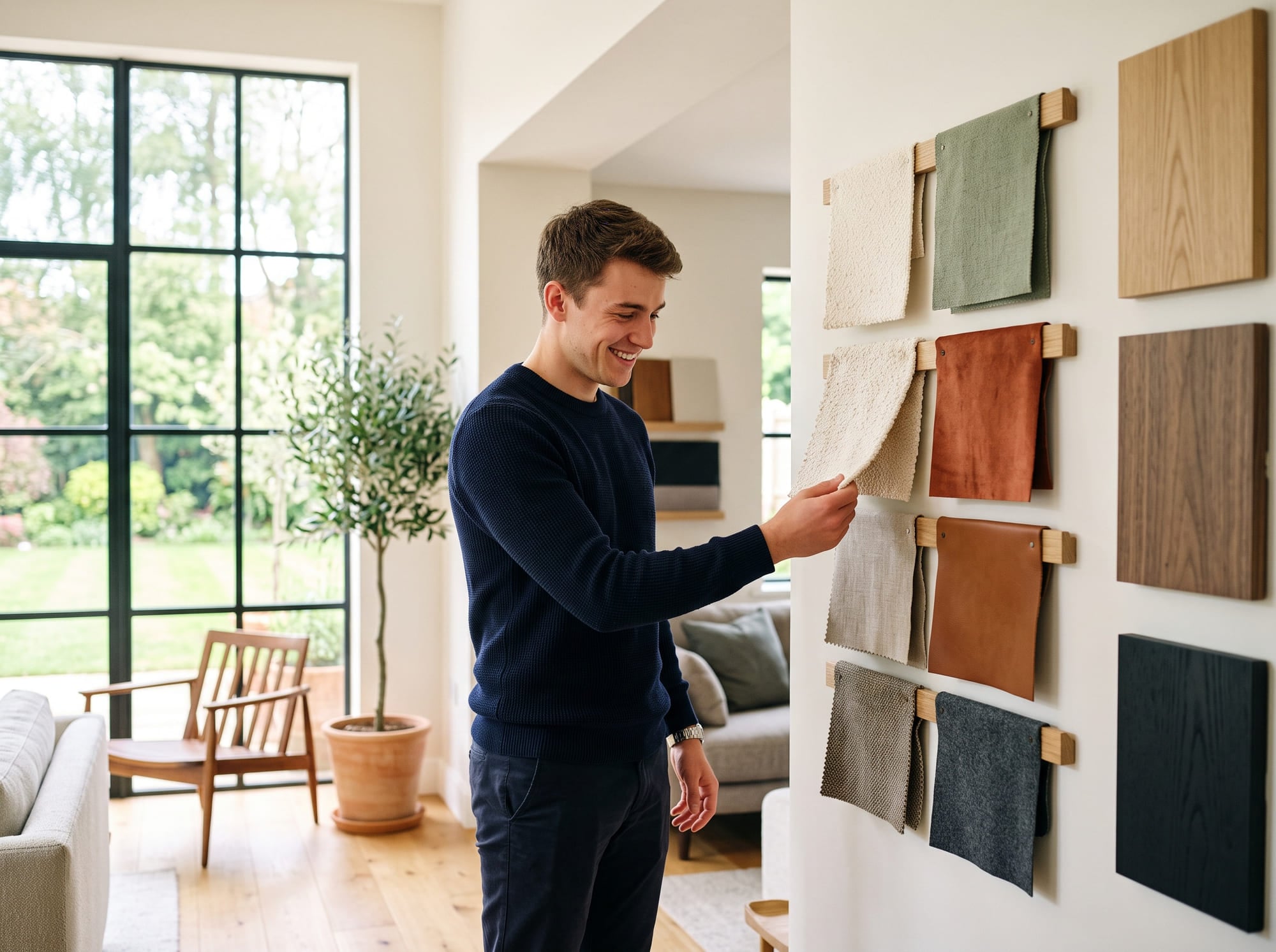 Musterwand im Showroom mit Stoff- und Lederproben in Creme, Salbei, Rost und Cognac neben Furnierbrettern.